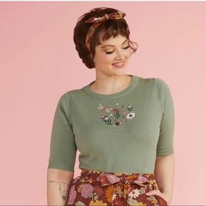Modcloth x Princess Highway Snail Garden Embroidered Sage Green Knit Top